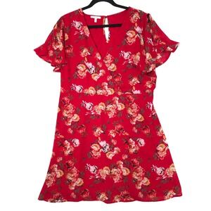 Maurices Red Floral Wrap Skater Mini Dress L Flutter Sleeve Boho Summer Brunch
